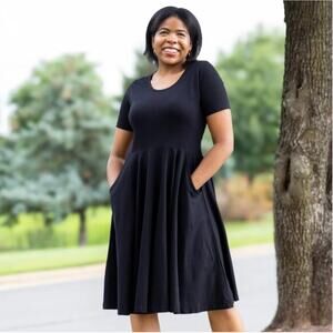 SVAHA | Onyx Black Midi Dress with Pockets Short Sleeve Fit and Flare | Large